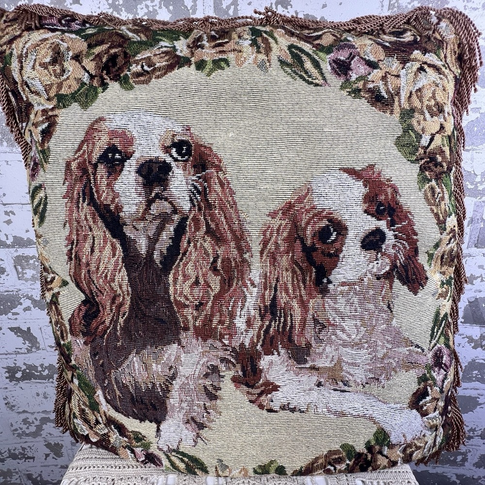 Vtg Jacquard Tapestry Throw Pillow Cavalier King Charles Spaniels Fringe 16X16"